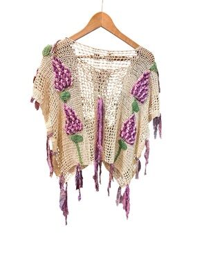 Handmade Crochet Fringe top with 3D Purple Floral Appliqués
